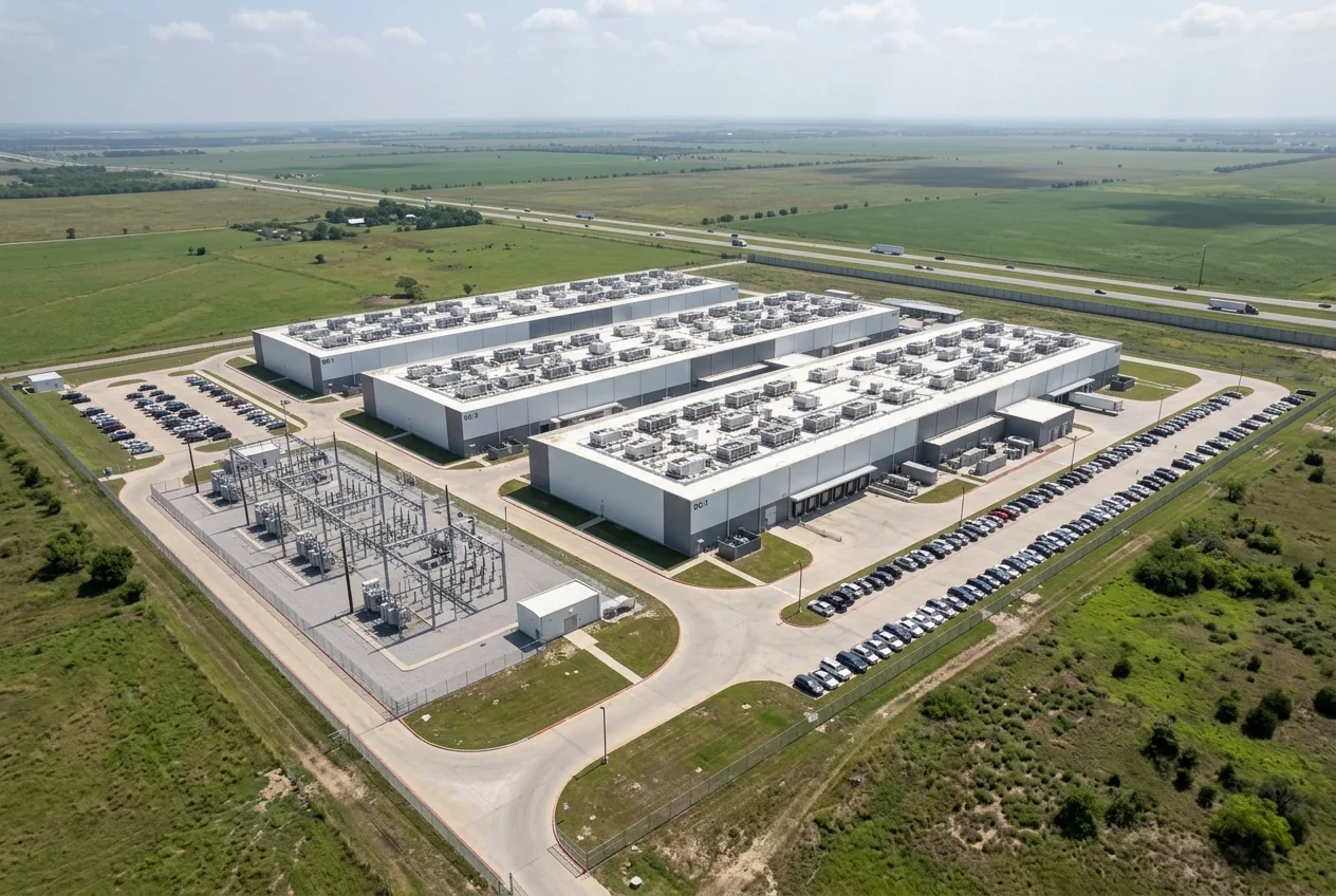 Aerial daytime view of a data centre campus with three halls, rooftop cooling plant and a fenced substation