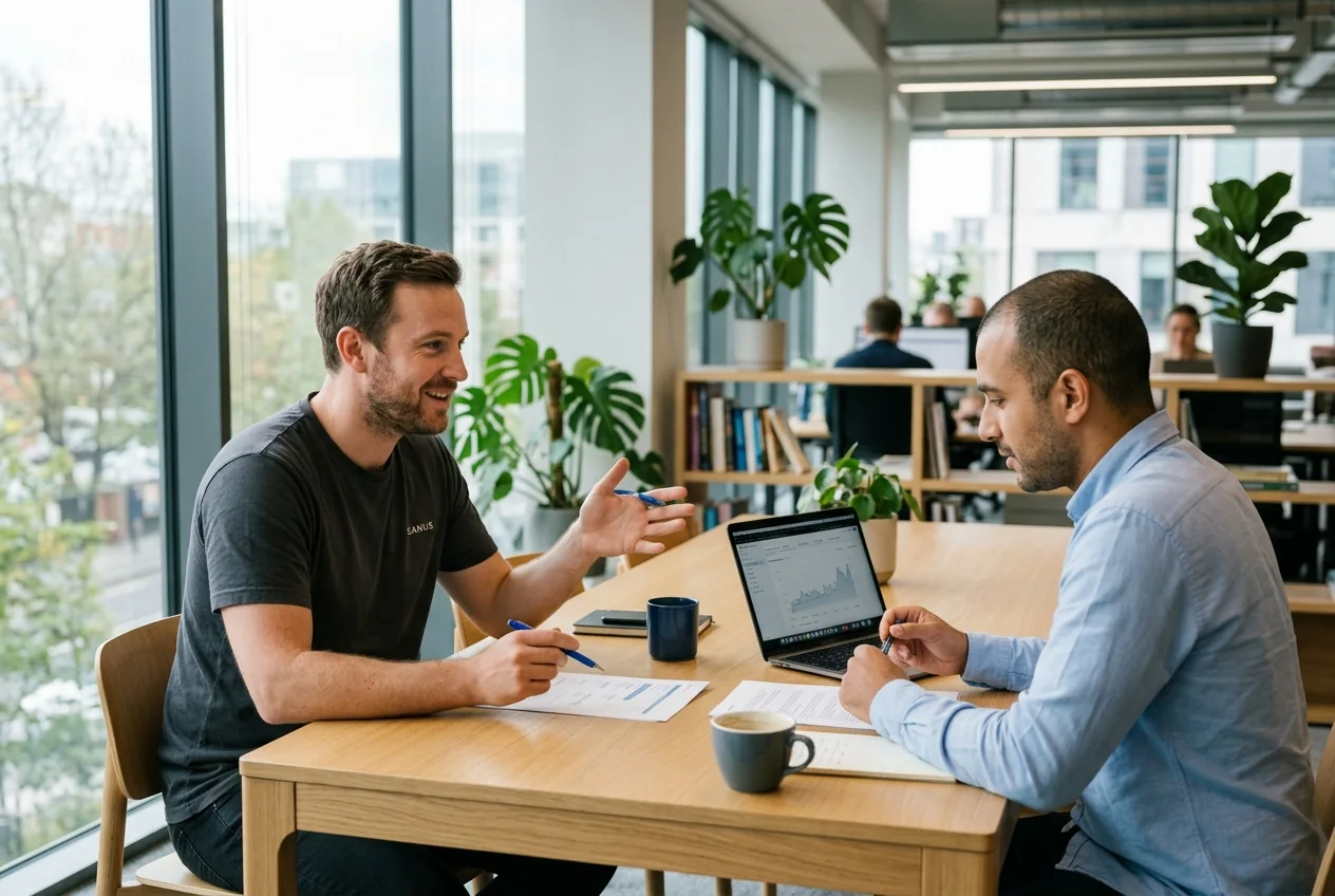 Two people at a table in a bright office, one in a CANUS t-shirt explaining a point over a laptop and printed pages
