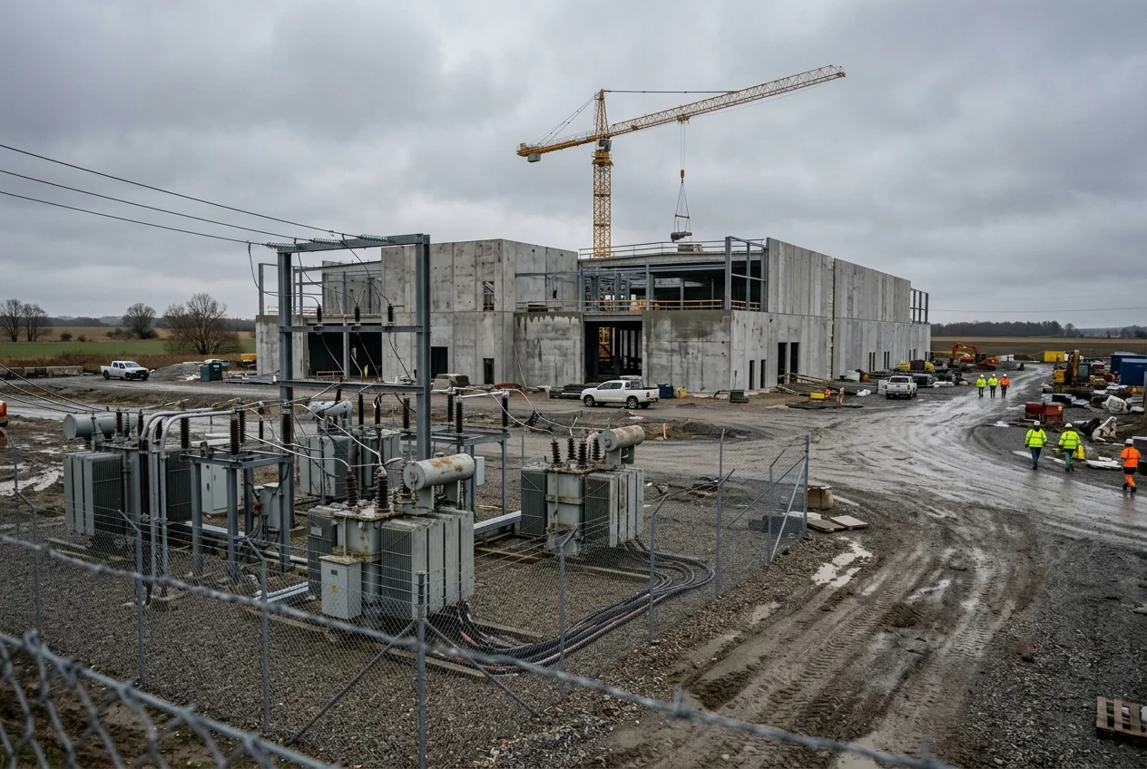 A data centre building under construction on an overcast afternoon, with a substation and transformers in the foreground
