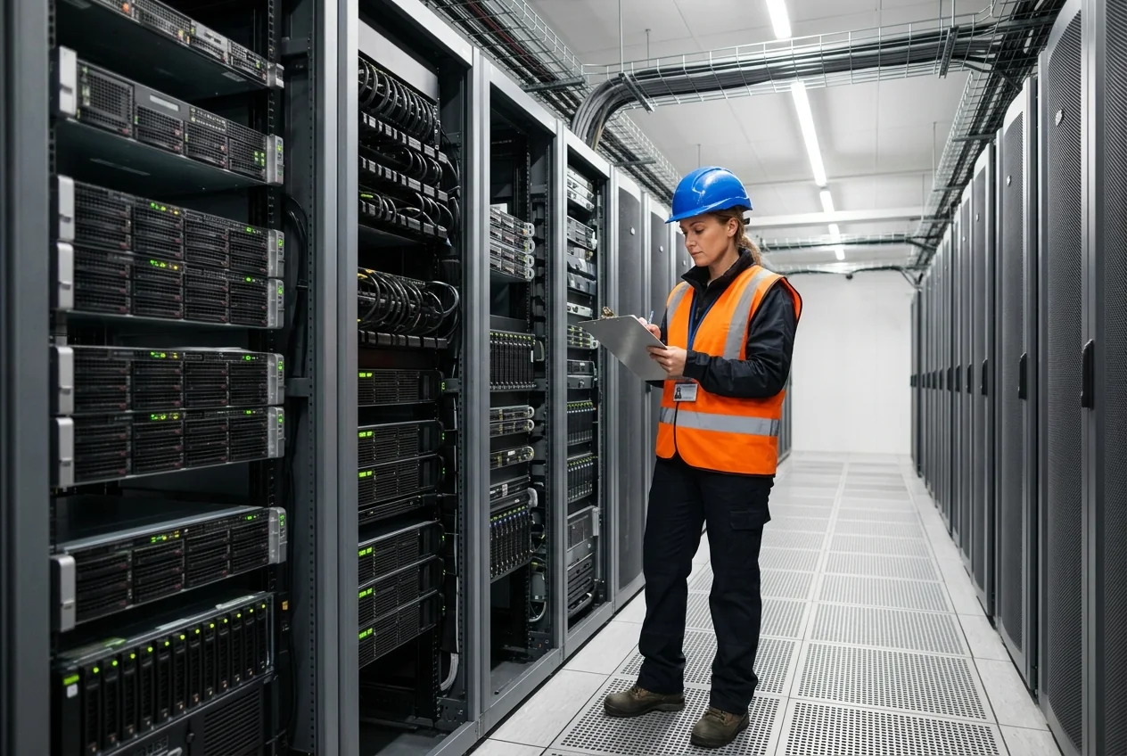 An engineer in a hard hat and hi-vis vest checks a clipboard in a cold aisle between server racks